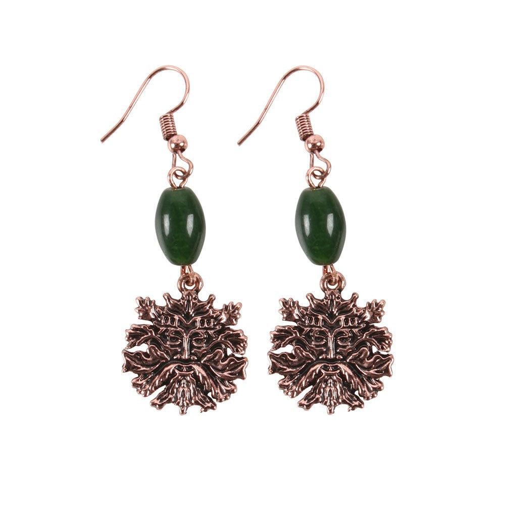 A pair of green man themed green glass bead earrings with bronze-coloured stainless steel hooks