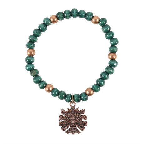 A Green Man beaded bracelet against a white background