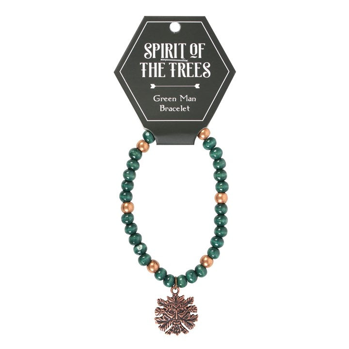 A Green Man bracelet and its tag against a white background