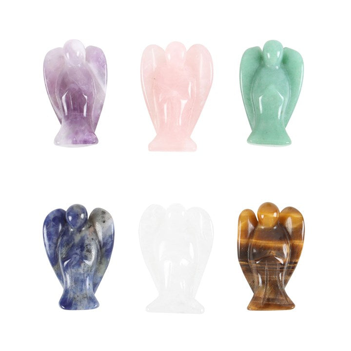 A collection of crystal healing angels in various colours including purple, clear, green, and brown, displayed on a white background