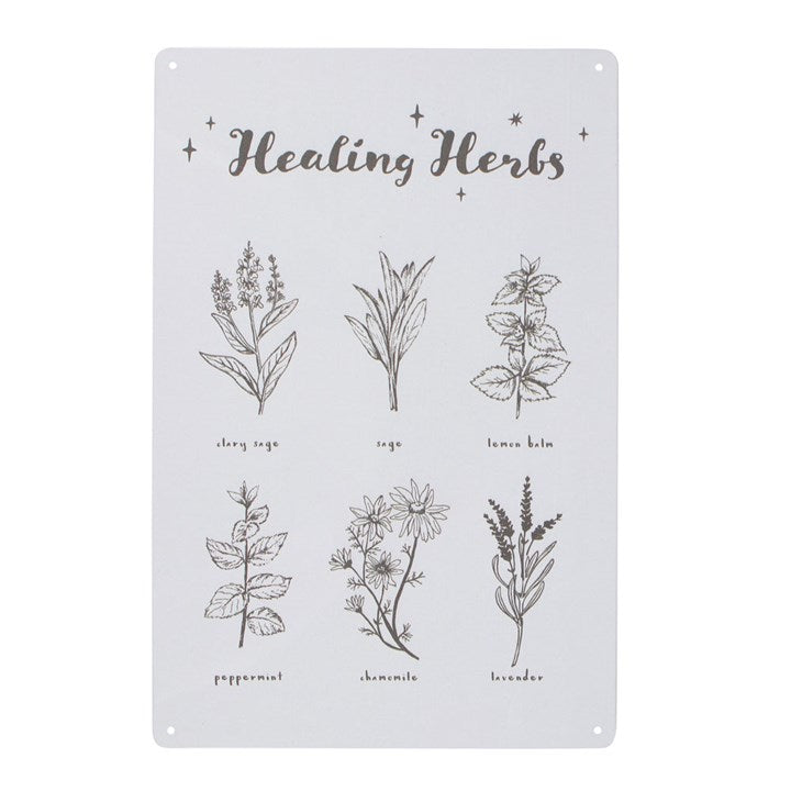 A "Healing Herbs" tin sign with pictures of herbs and their names
