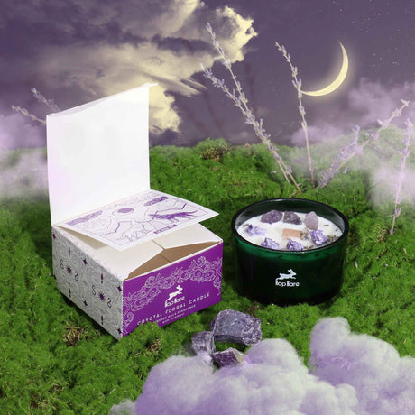 A candle with lavender flowers and Amethyst gemstones inside, placed on a bed of moss with a moon and clouds in the background. A tarot card is also visible beside the candle.