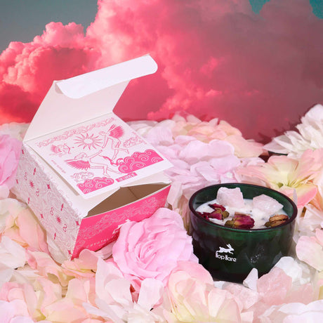 A pink and roses themed image. Included a green glass crystal magic flower candle, adorned with dry flowers and rose quartz gemstones. There is a matching white and pink box. 