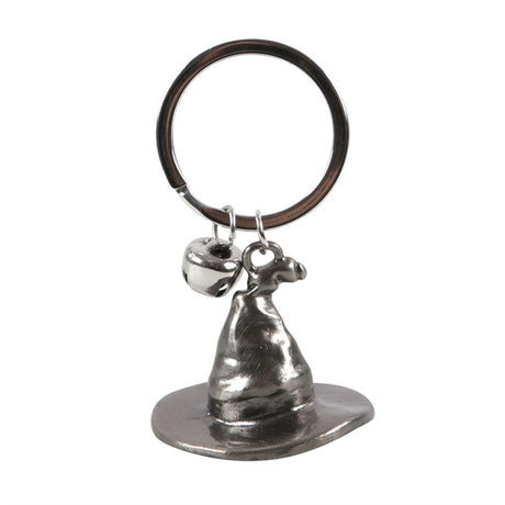 A silver-tone witch hat keyring with a jingle bell on a white background.