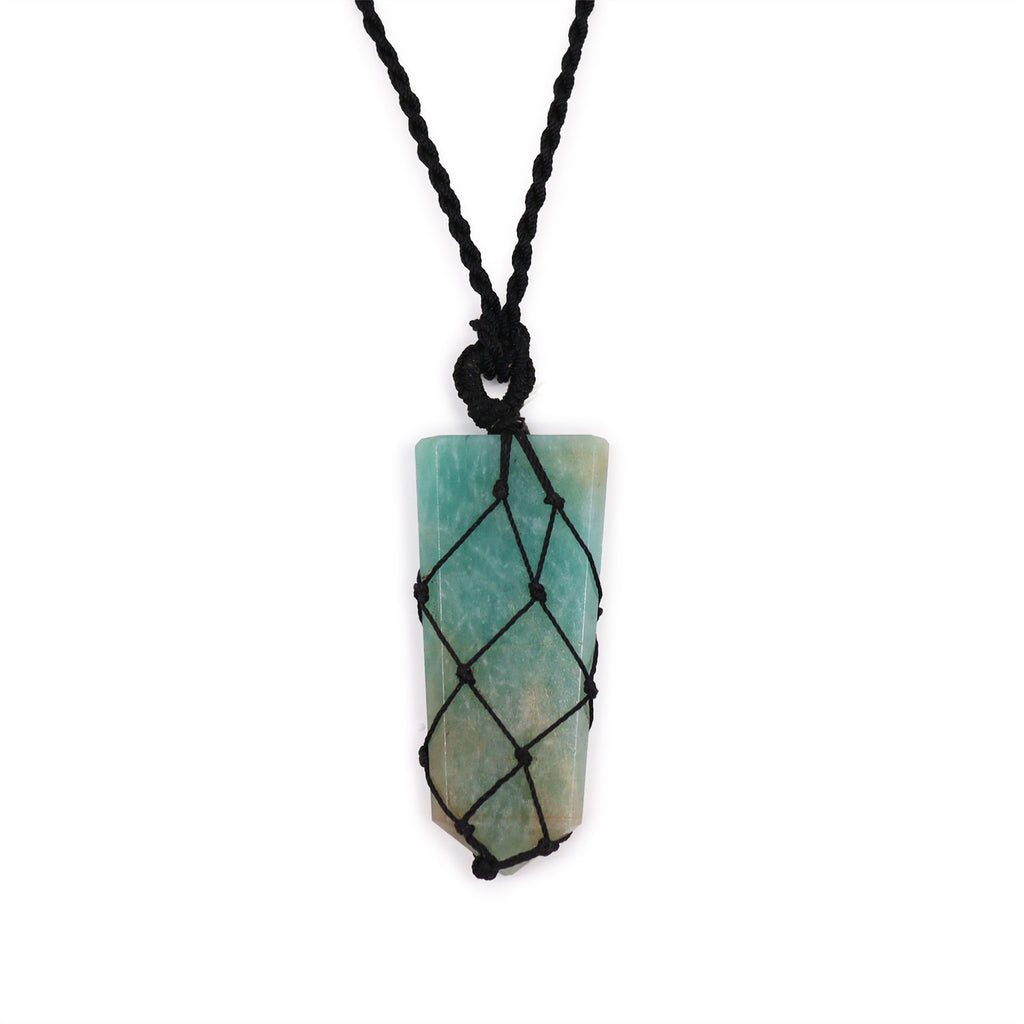 A flat point pendant with am Amazonite gemstone, laced into a black necklace with an adjustable string, displayed against a white background