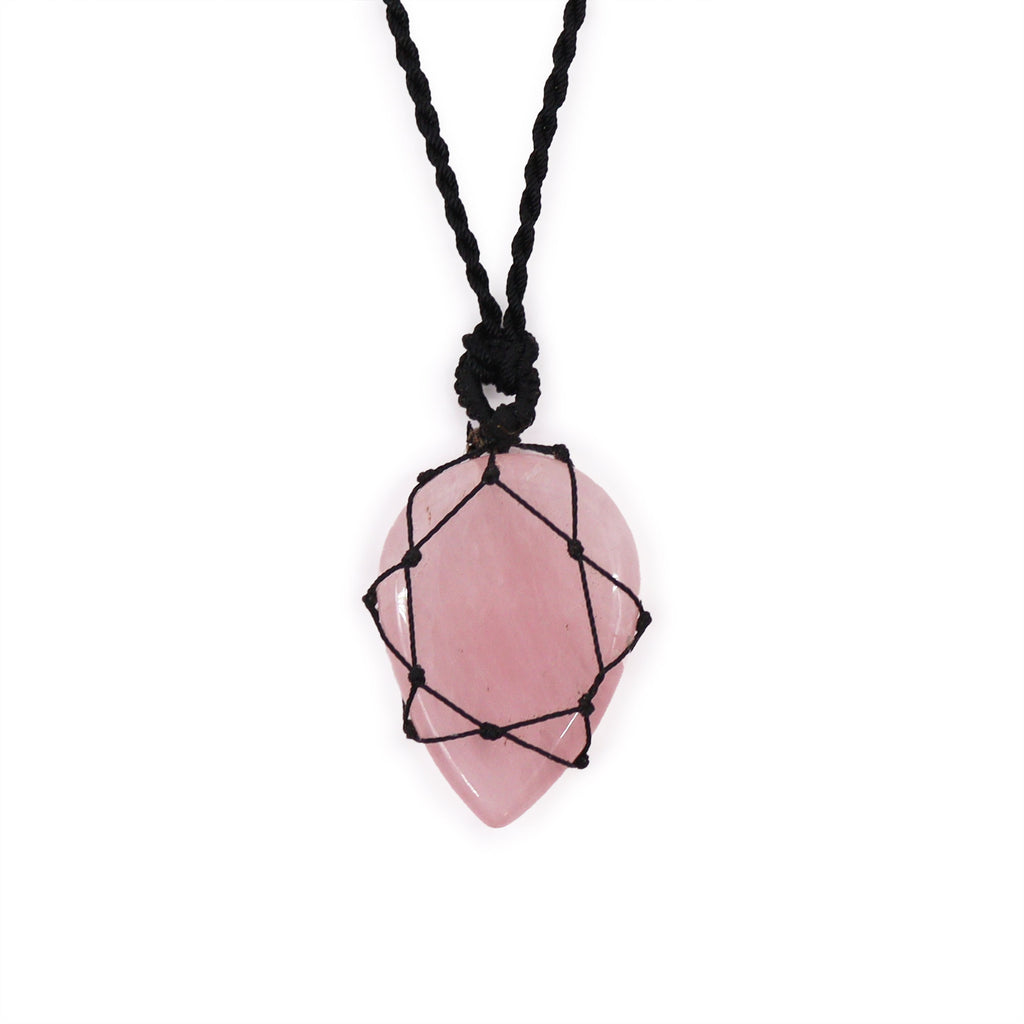A teardrop shaped pendant with a Rose Quartz gemstone, laced into a black necklace with an adjustable string, displayed against a white background