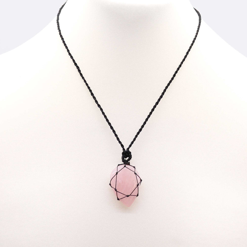 A teardrop shaped pendant with a Rose Quartz gemstone, laced into a black necklace with an adjustable string, displayed against a white background