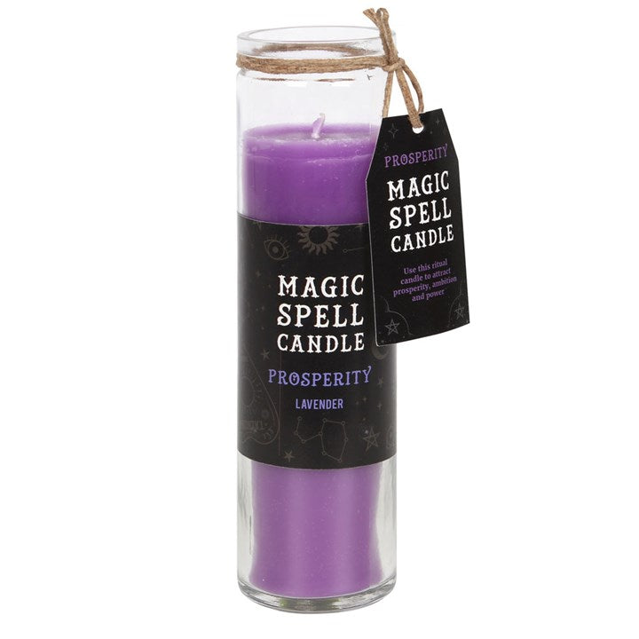 A purple tube candle with a label indicating it's a Magic Spell Candle and contains Lavender for Prosperity 