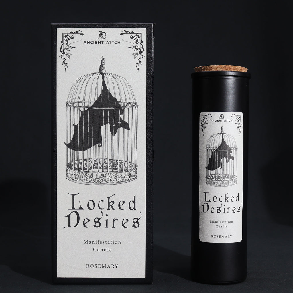 Candle labelled 'Locked Desires' with packaging on a dark background