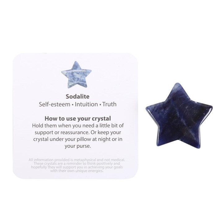 A white square card which explains about Sodalite next to a blue crystal star