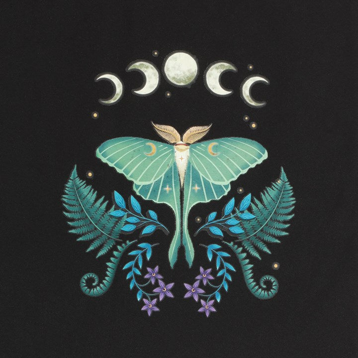 A black cotton tote bag with a mystical Luna Moth design