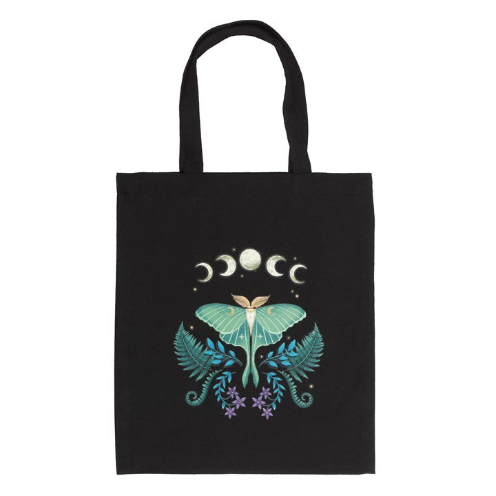 A black cotton tote bag with a mystical Luna Moth design