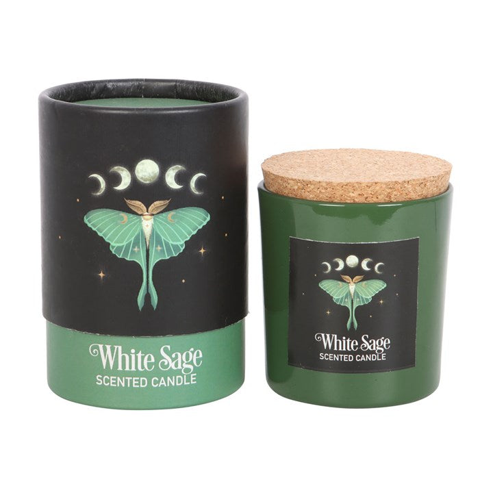 White Sage Scented candle, shown next to its box; both decorated with a lunar moth and moon phases motif