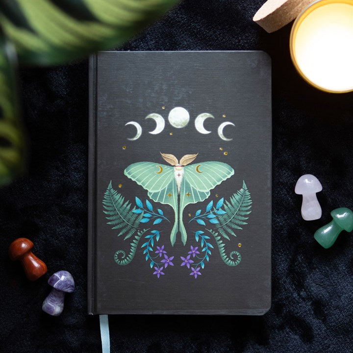 A lunar moth and moon phases themed A5 black notebook on a dark surface surrounded by crystal mushrooms. 