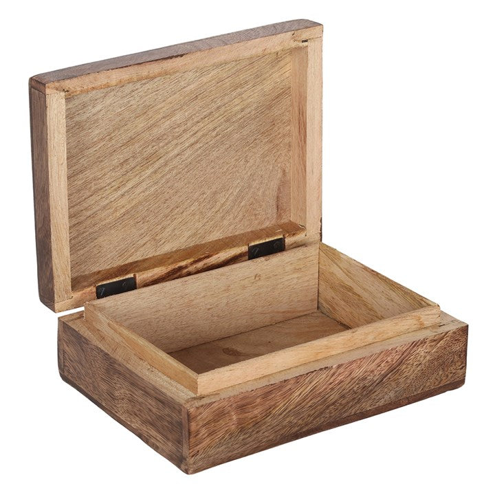 An open wooden mango tarot box viewed from above and to the side with a white background