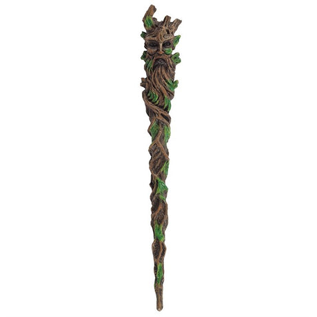 A resin wand featuring a detailed Man of the Wood design with green leaves and twisting branches.