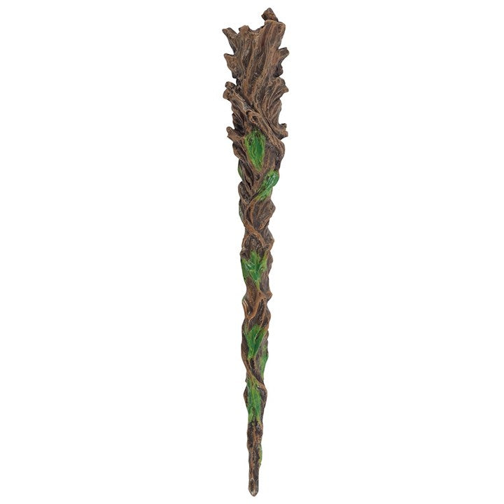 A resin wand featuring a detailed Man of the Wood design with green leaves and twisting branches.