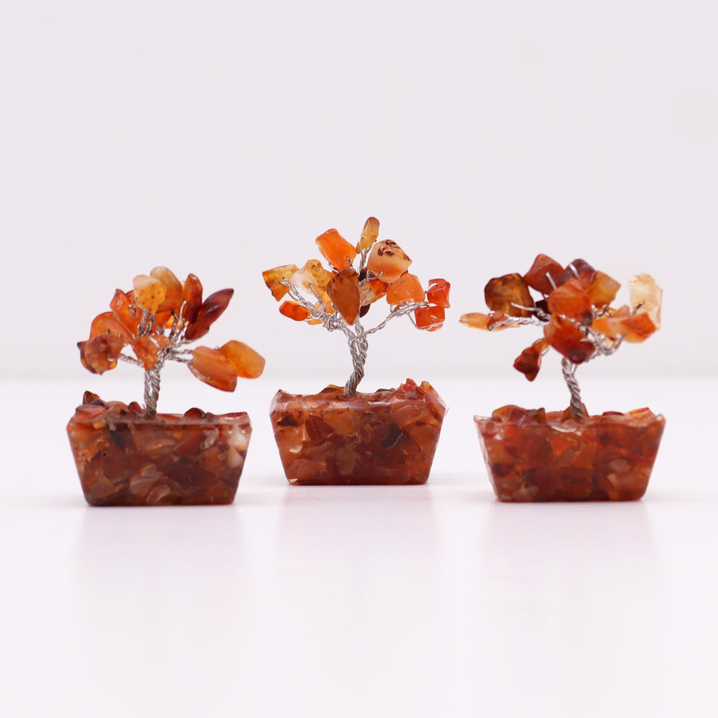 Three mini carnelian trees on an orgonite base, displayed against a white background