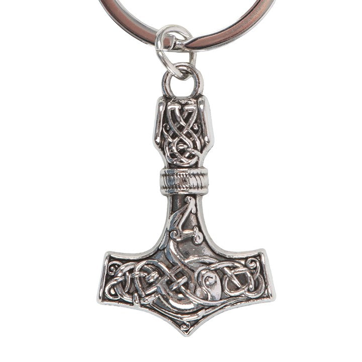 Silver Thor's hammer keychain on a white background