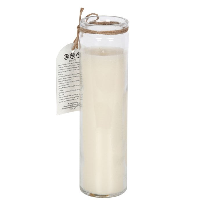 A cream tube shaped candle with a jute string around the top, from the back on a white surface.