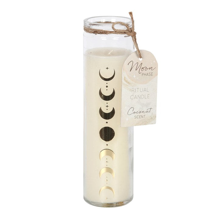 A tube candle with golden moon phase designs, and a just string tied around the top, on a white background.