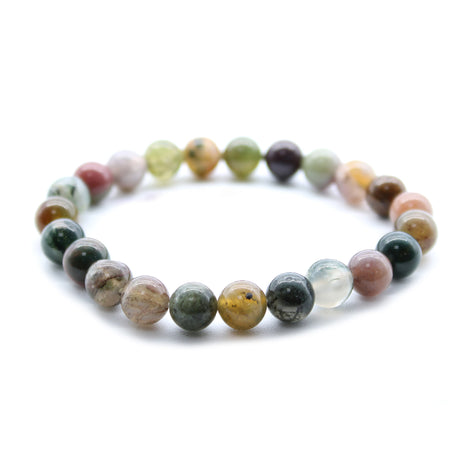 A beaded bracelet with a variety of colourful gemstone beads, predominantly green and multicoloured, on a white background.