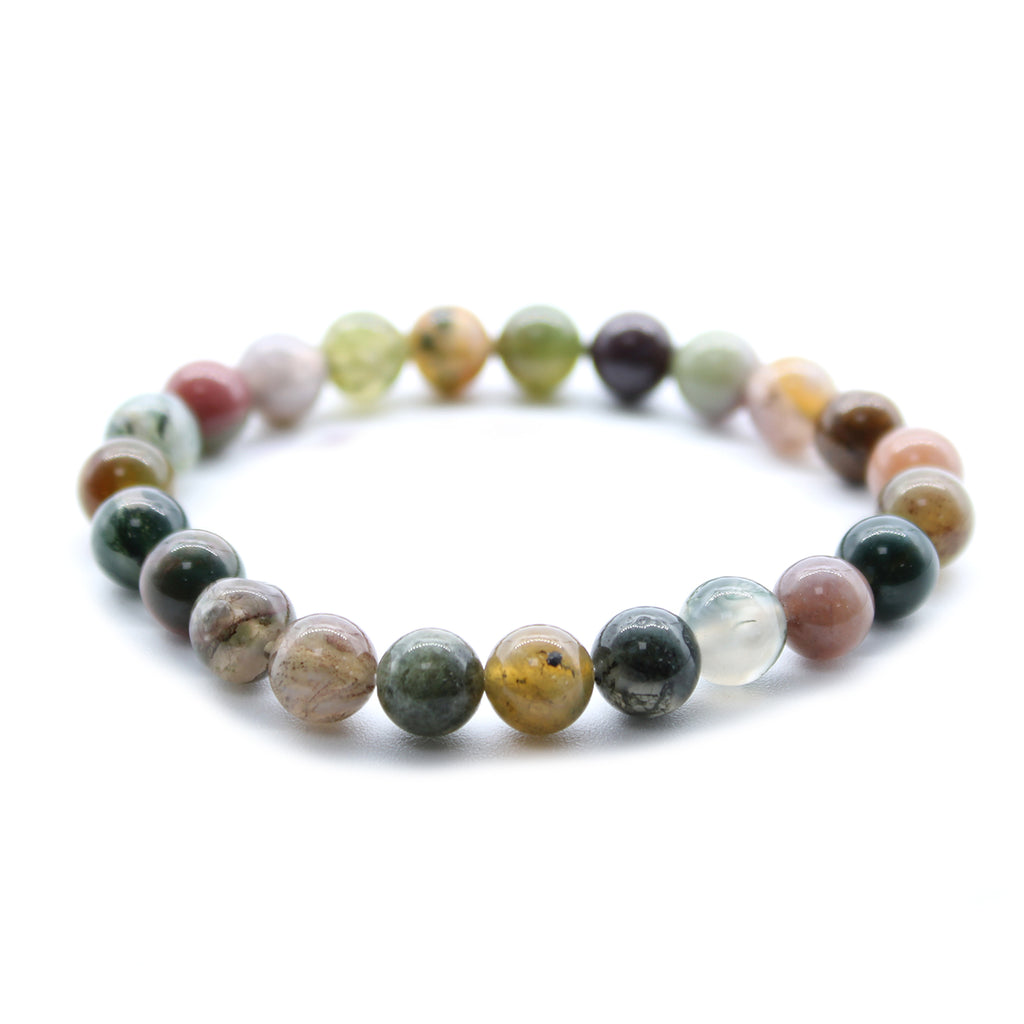 A beaded bracelet with a variety of colourful gemstone beads, predominantly green and multicoloured, on a white background.