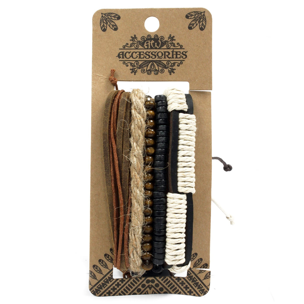 A selection of bracelets with a combination of natural, brown and black colour elements