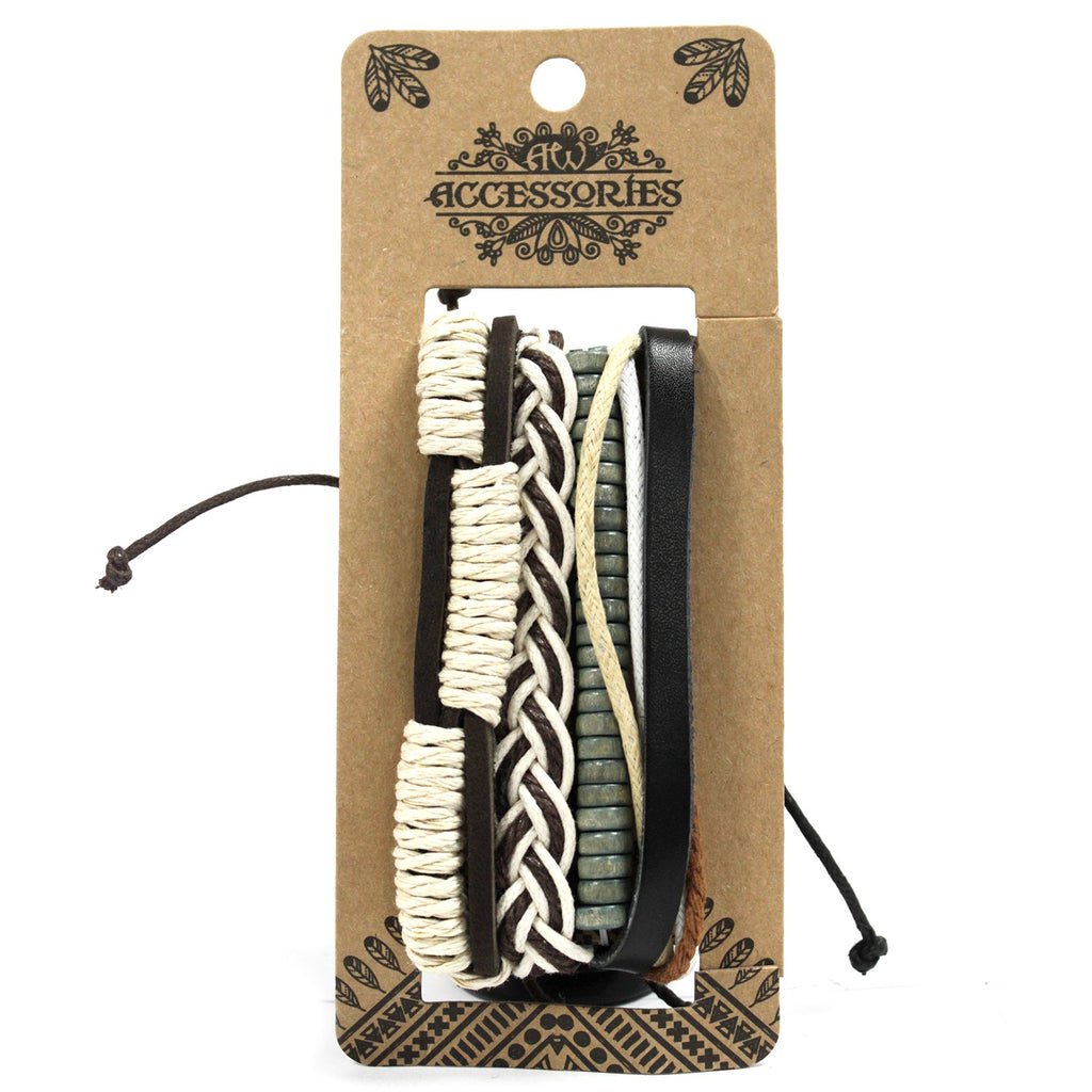 A selection of bracelets with a combination of white, brown, green and black colour elements