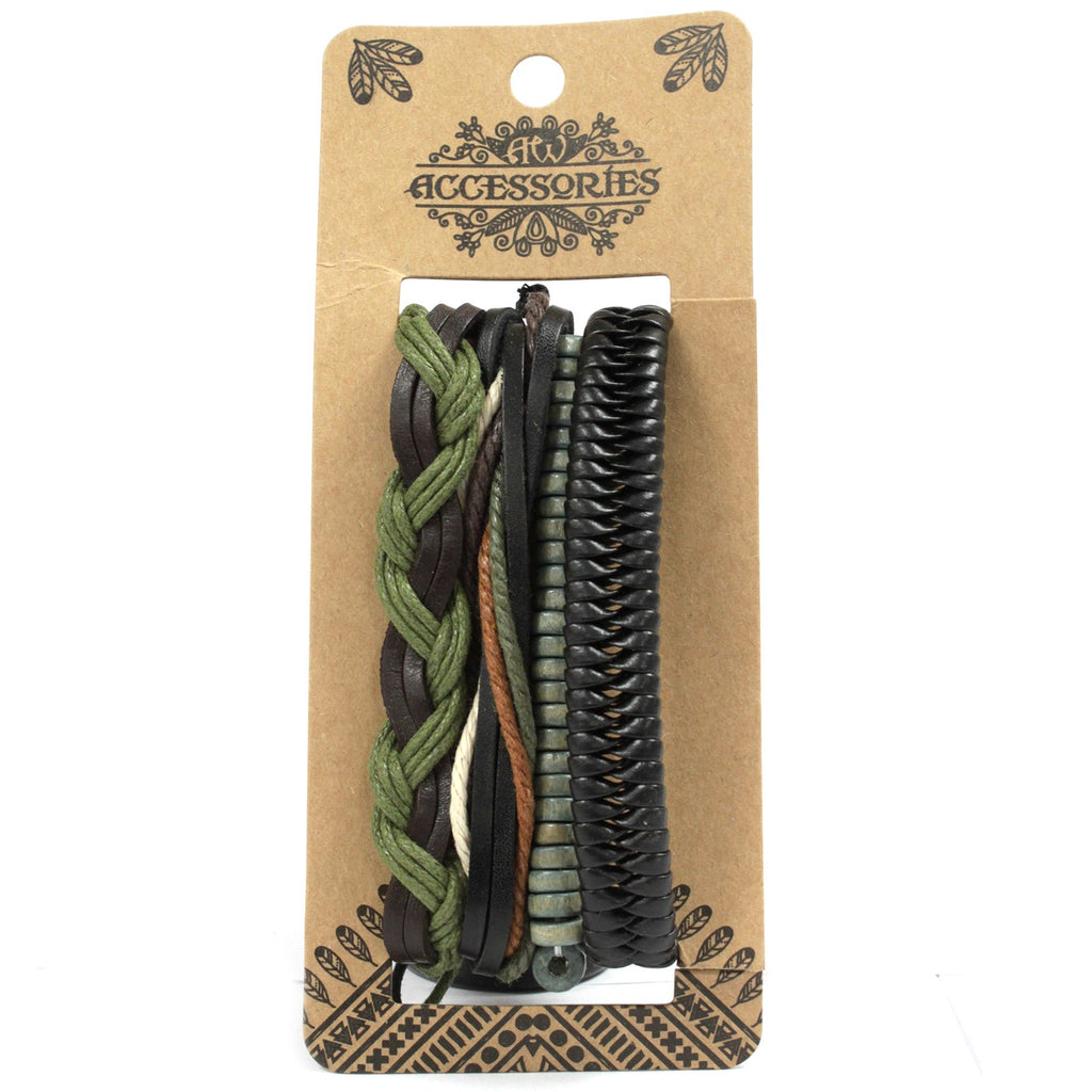 A selection of bracelets with a combination of natural, brown and black and green colour elements