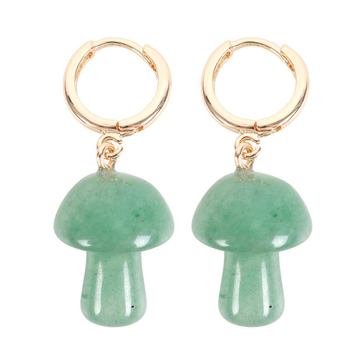 Mushroom shaped green aventurine earrings on a white background 