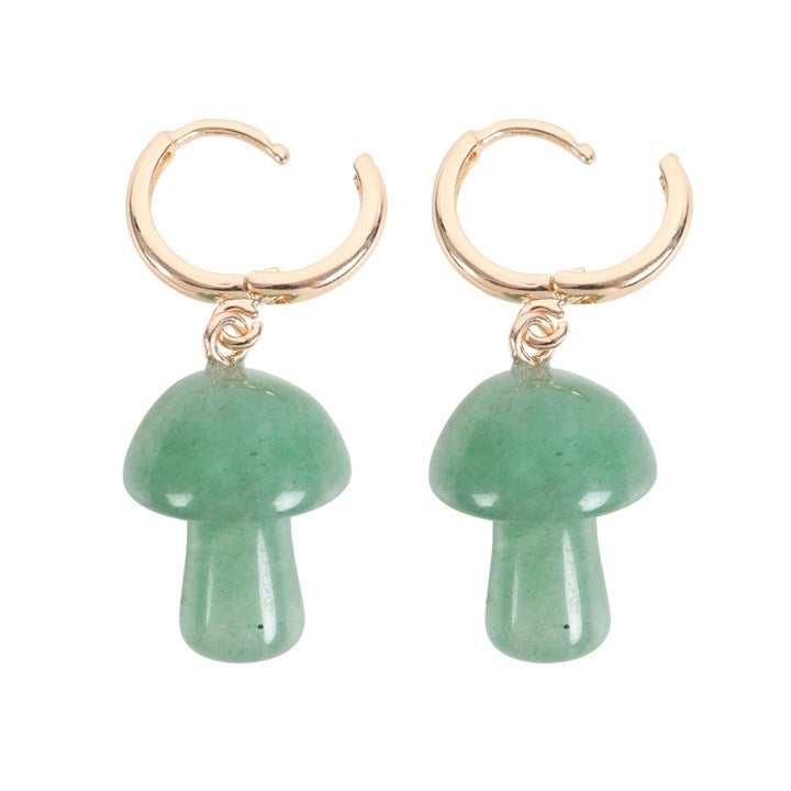 Mushroom shaped green aventurine earrings on a white background 