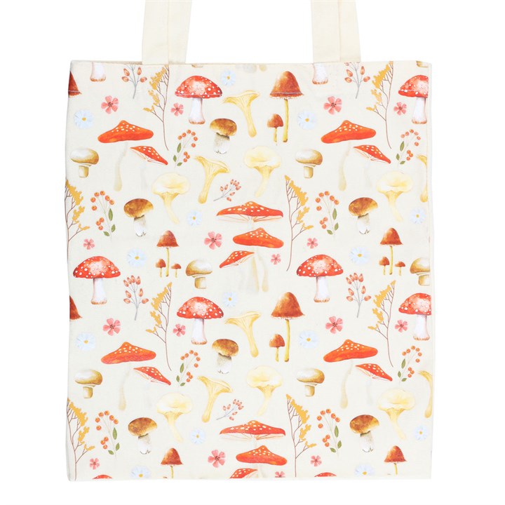 A beige mushroom themed tote bag on a white background