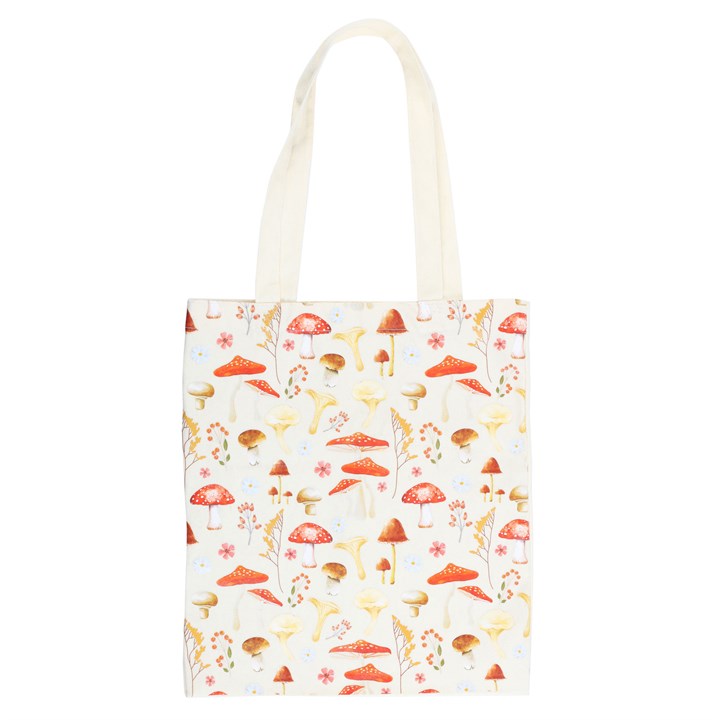 A beige mushroom themed tote bag on a white background