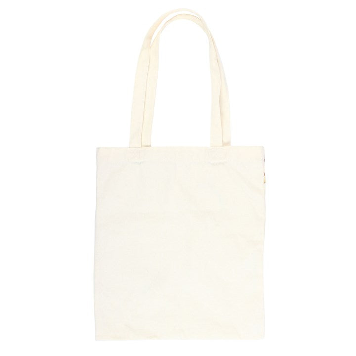 A beige tote bag hanging on a white background