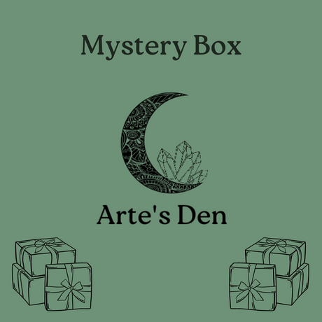 Mystery Box cover image featuring a green background with the logo 'Mystery Box' and 'Arte's Den' text, accompanied by a crescent moon and crystal graphic.