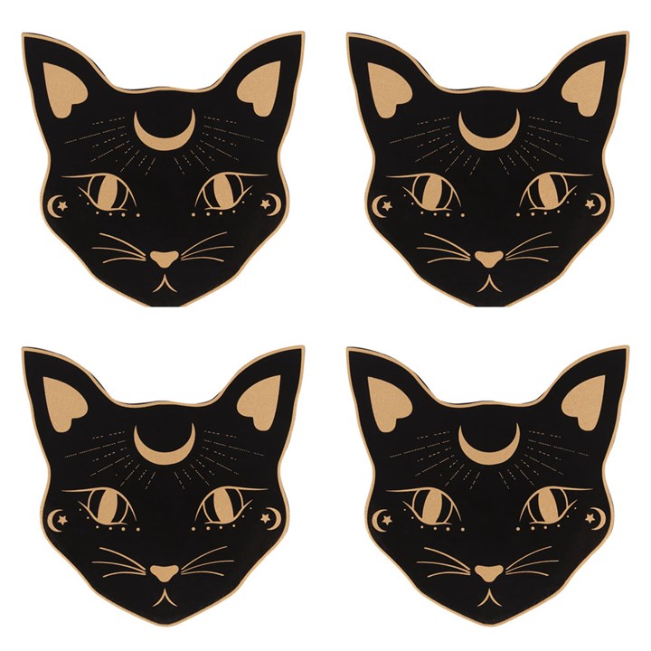 An image of four black mystical cat coasters with moon phases imagery and golden accents.