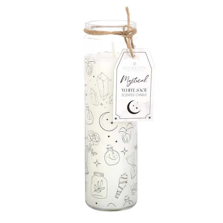 A "Mystical White Sage" glass tube candle with sage, flowers, potion bottles, diamonds and crescent moon decals against a white background. 