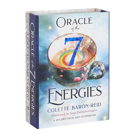A boxed set of 'Oracle of the 7 Energies' Oracle Cards by Colette Baron-Reid with a visual of a cup of tea and rainbow-coloured liquid on the cover, indicating a theme of energy and spirituality.