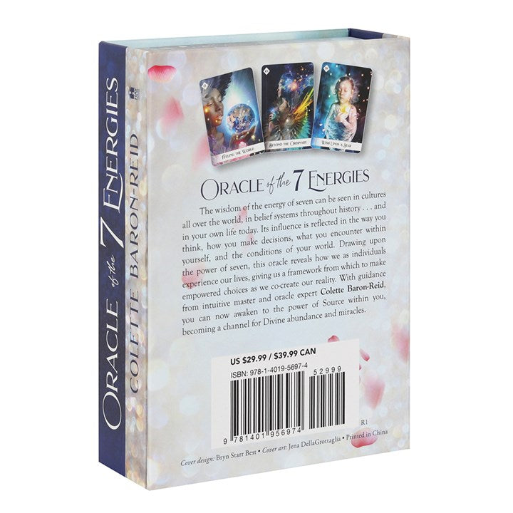 The back of a boxed set of 'Oracle of the 7 Energies' Oracle Cards by Colette Baron-Reid