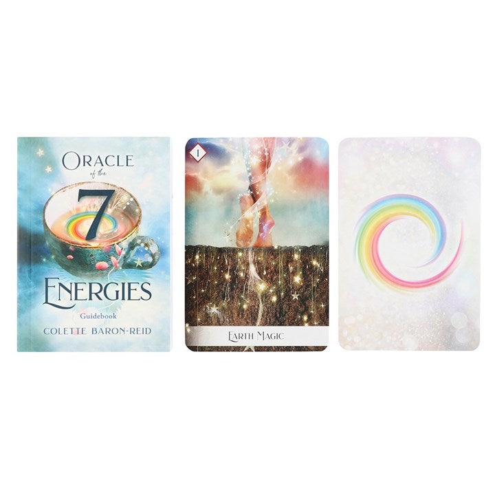 A guide to 'Oracle of the 7 Energies' Oracle Cards by Colette Baron-Reid next to two oracle ecards. One says "earth magic" and has a  picture of soil and something growing from it. The second is a white card with a simple, colourful rainbow spiral in the centre.