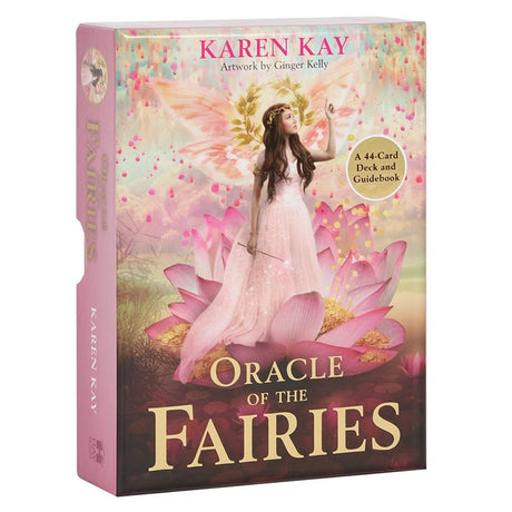 A boxed Oracle of the Fairies Oracle Card Deck by Karen Kay with a depiction of a fairy on the cover, set against a pastel-coloured background featuring flowers 