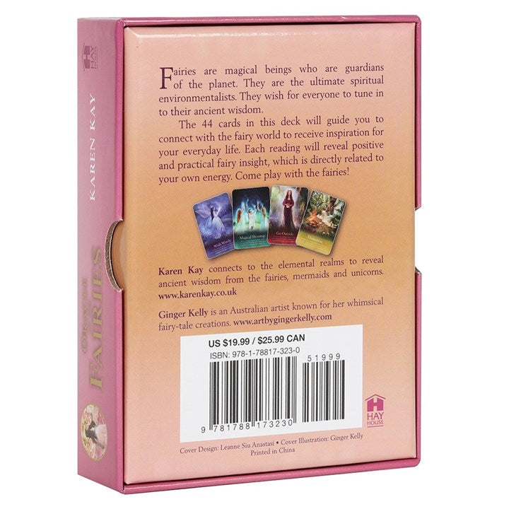 The back of a boxed Oracle of the Fairies Oracle Card Deck by Karen Kay 