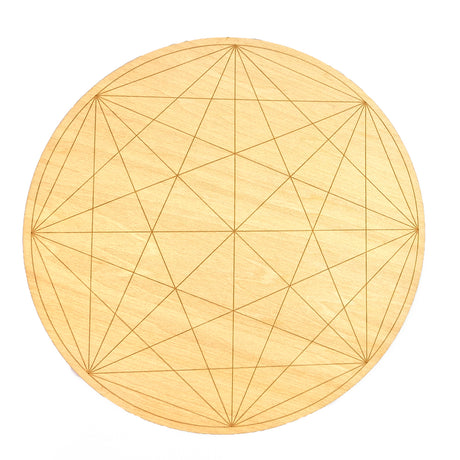 A wooden crystal grid with sacred geometric pattern