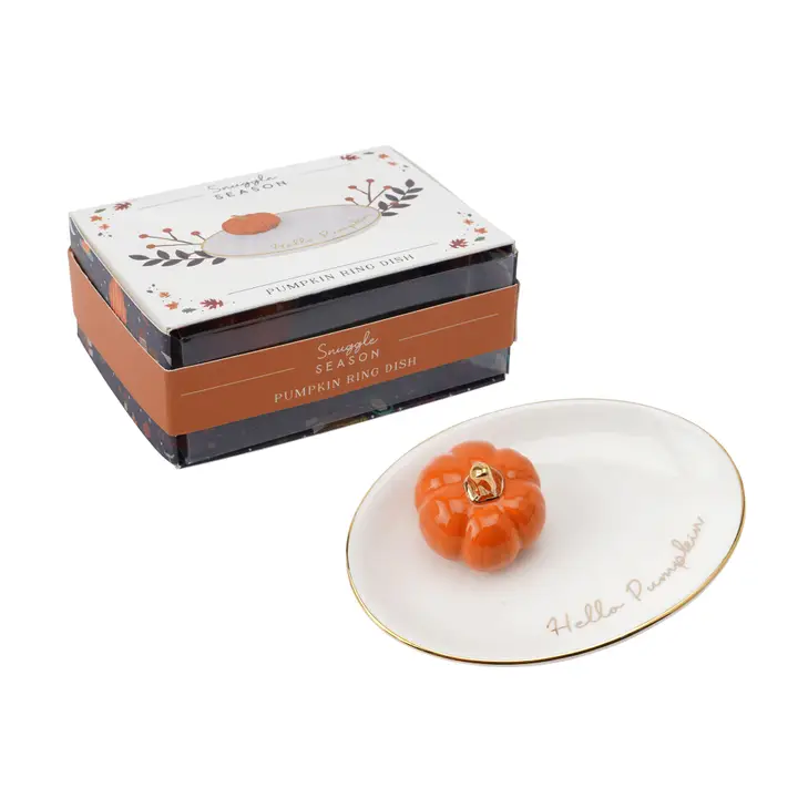 Pumpkin-shaped ring dish with 'Hello Pumpkin' text on a white background