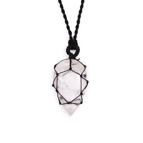 A black necklace with a tear shaped quartz crystal pendant  