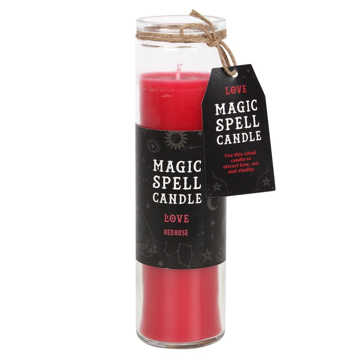 A red tube candle with a label indicating it's a Magic Spell Candle and contains Red Rose for Love