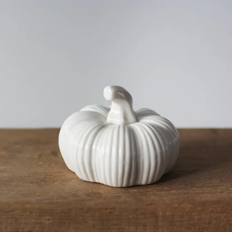 White ceramic pumpkin on a wooden surface with a plain background