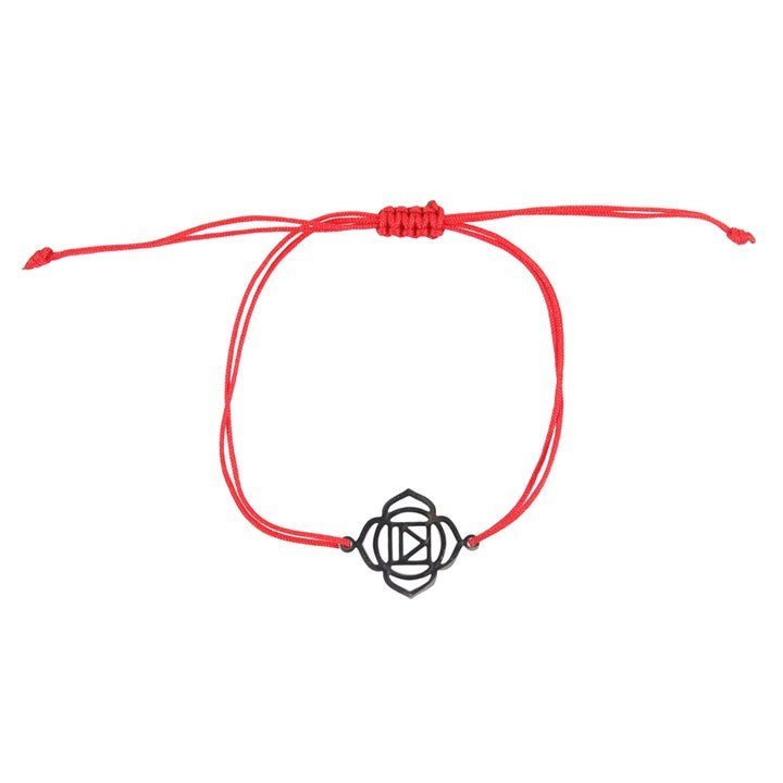 A Root Chakra charm bracelet with a red band and a silver charm against a white background 
