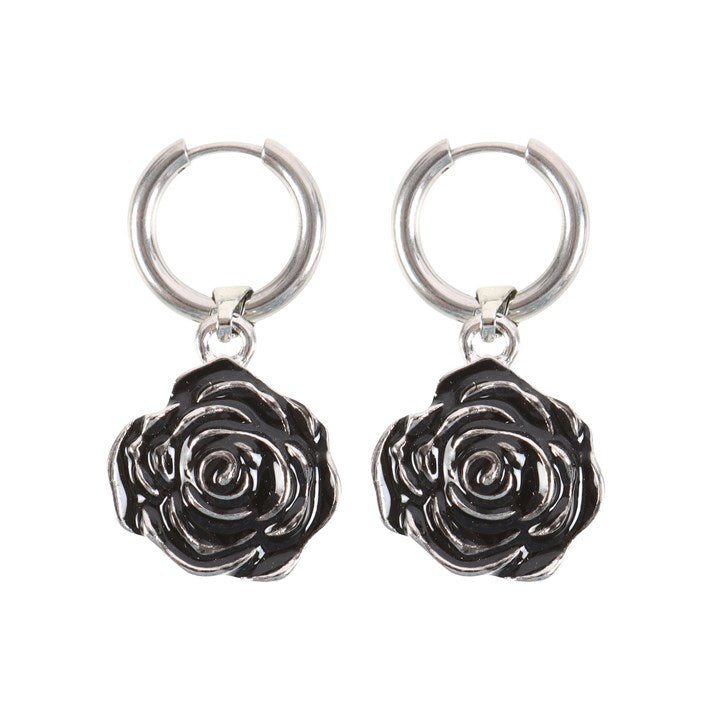 A pair of silver stainless steel rose earrings on a white background